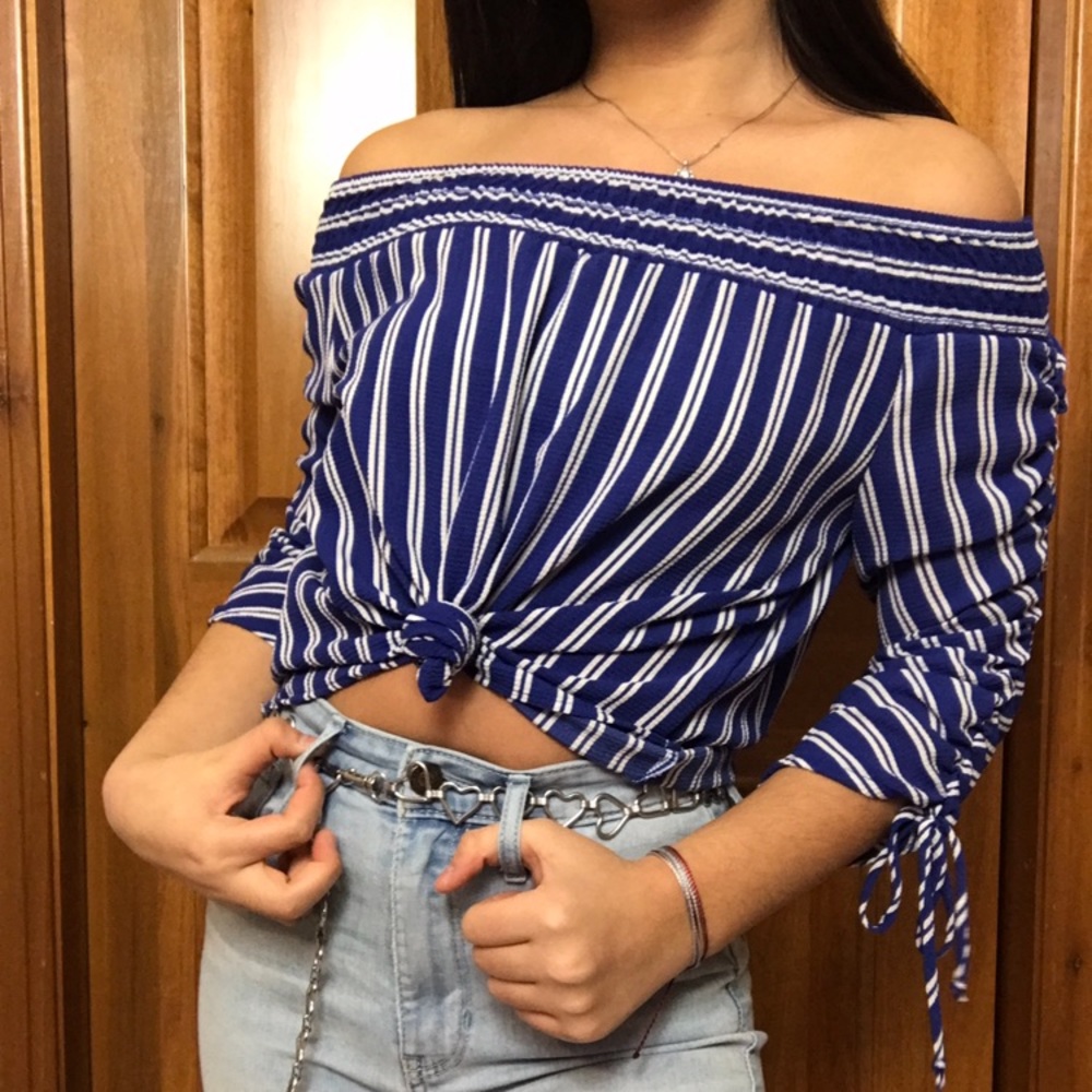 Blue and White quarter arm off the shoulder top
